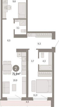 2-к квартира, вторичка, 72м2, 6/15 этаж