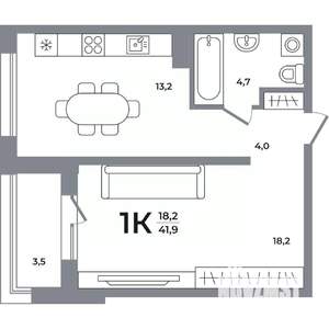 1-к квартира, вторичка, 41м2, 8/17 этаж