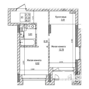 2-к квартира, строящийся дом, 37м2, 2/21 этаж