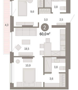 2-к квартира, вторичка, 60м2, 6/12 этаж