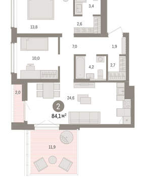 2-к квартира, вторичка, 84м2, 10/15 этаж