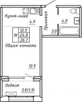 1-к квартира, строящийся дом, 27м2, 5/15 этаж