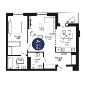 2-к квартира, вторичка, 64м2, 9/20 этаж