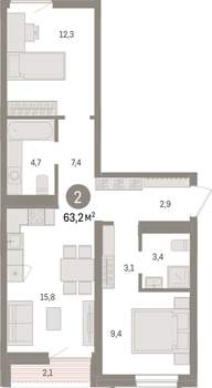 2-к квартира, вторичка, 63м2, 7/15 этаж