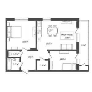 2-к квартира, вторичка, 74м2, 7/18 этаж