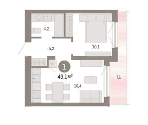 1-к квартира, вторичка, 43м2, 8/8 этаж