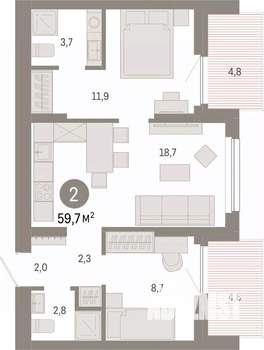 2-к квартира, вторичка, 60м2, 11/12 этаж