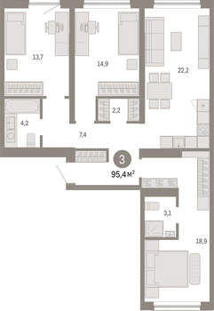 3-к квартира, вторичка, 95м2, 3/15 этаж