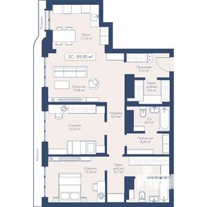 3-к квартира, вторичка, 89м2, 22/24 этаж