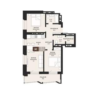 3-к квартира, вторичка, 68м2, 1/22 этаж