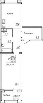 1-к квартира, вторичка, 49м2, 1/15 этаж