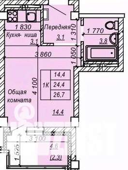 1-к квартира, строящийся дом, 27м2, 3/9 этаж