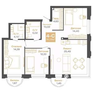 4-к квартира, строящийся дом, 90м2, 15/24 этаж