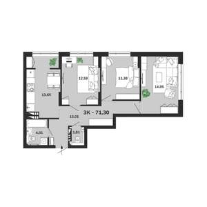 3-к квартира, вторичка, 71м2, 6/19 этаж
