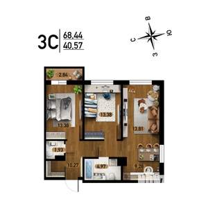 3-к квартира, вторичка, 68м2, 5/17 этаж