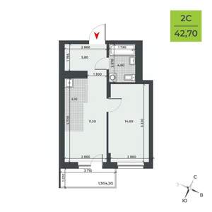 2-к квартира, строящийся дом, 43м2, 7/21 этаж