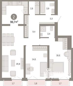 2-к квартира, вторичка, 97м2, 1/14 этаж