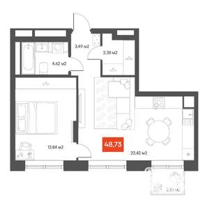 1-к квартира, вторичка, 48м2, 4/10 этаж