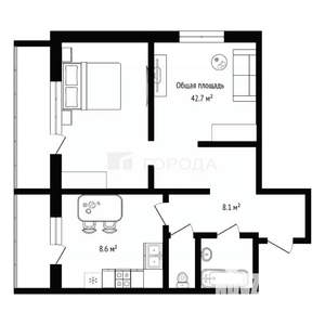 1-к квартира, вторичка, 43м2, 9/9 этаж