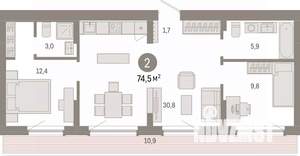 2-к квартира, вторичка, 75м2, 8/12 этаж