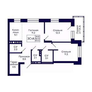 3-к квартира, вторичка, 63м2, 8/10 этаж