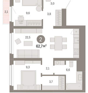 2-к квартира, вторичка, 63м2, 8/12 этаж