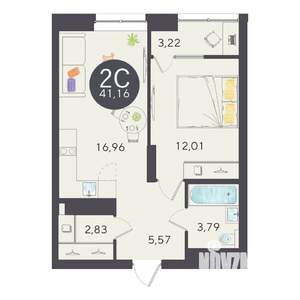 2-к квартира, вторичка, 41м2, 12/25 этаж