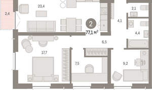 2-к квартира, вторичка, 77м2, 2/23 этаж