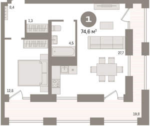 1-к квартира, вторичка, 74м2, 16/17 этаж