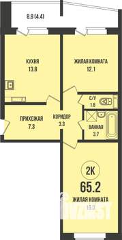2-к квартира, строящийся дом, 65м2, 1/13 этаж
