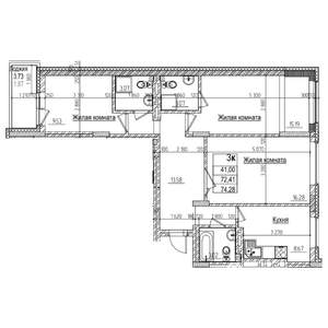 3-к квартира, строящийся дом, 72м2, 14/16 этаж