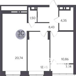 2-к квартира, строящийся дом, 58м2, 16/25 этаж