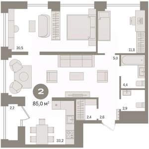 2-к квартира, вторичка, 85м2, 16/30 этаж