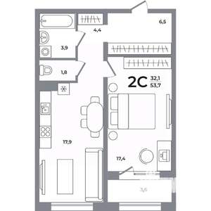 2-к квартира, вторичка, 54м2, 9/17 этаж
