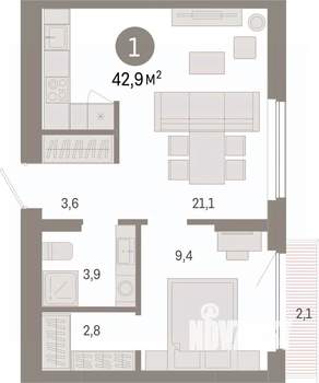 1-к квартира, вторичка, 43м2, 4/12 этаж