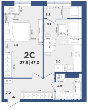 2-к квартира, вторичка, 47м2, 7/9 этаж