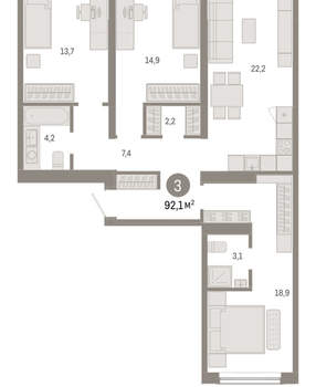 3-к квартира, вторичка, 92м2, 2/15 этаж