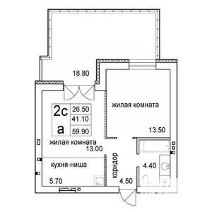 2-к квартира, строящийся дом, 60м2, 1/8 этаж