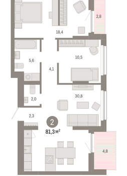 2-к квартира, вторичка, 81м2, 10/12 этаж