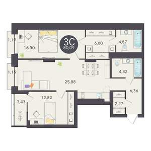 3-к квартира, вторичка, 80м2, 4/25 этаж