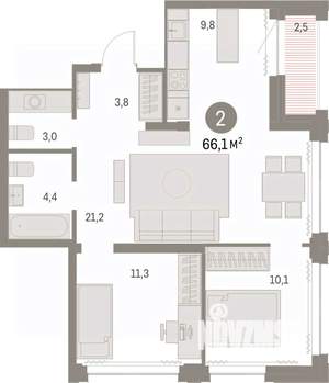 2-к квартира, вторичка, 66м2, 21/30 этаж