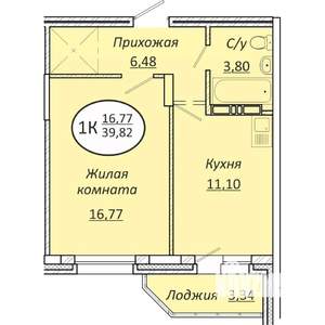 1-к квартира, строящийся дом, 40м2, 22/25 этаж