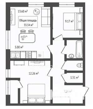 3-к квартира, строящийся дом, 56м2, 14/18 этаж