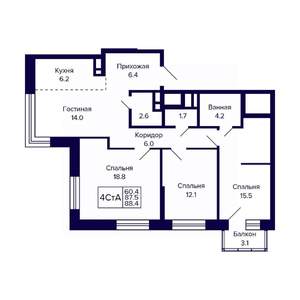 4-к квартира, вторичка, 88м2, 20/23 этаж