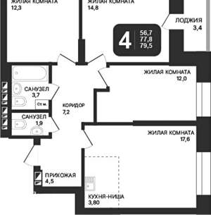 3-к квартира, вторичка, 80м2, 3/24 этаж