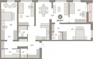 4-к квартира, вторичка, 148м2, 9/15 этаж