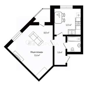 1-к квартира, вторичка, 52м2, 3/6 этаж