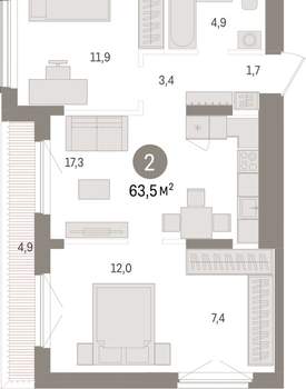 2-к квартира, вторичка, 63м2, 8/15 этаж