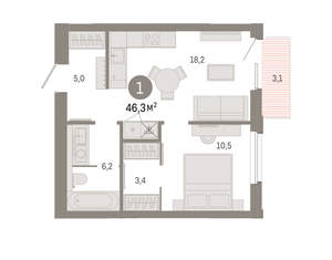 1-к квартира, вторичка, 46м2, 7/24 этаж