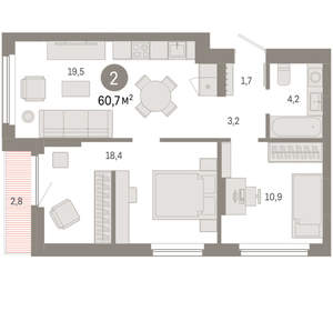 2-к квартира, вторичка, 61м2, 7/12 этаж